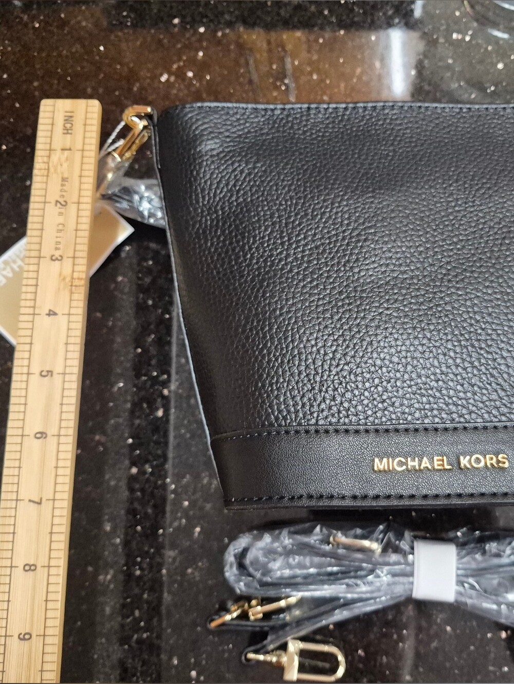 Michael Kors Black Pebbled Leather Shoulder Bag with Gold Logo